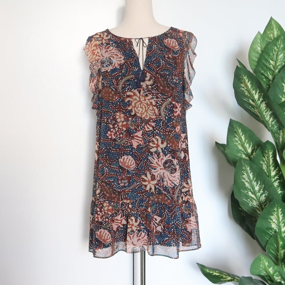 Madewell Navy & Brown V-neck Tassel Tie Flutter Sleeve Ruffle Hem Mini Dress XXS - Picture 15 of 16